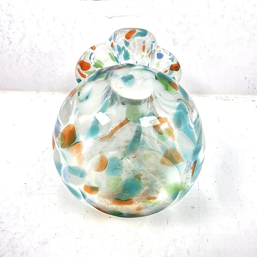 Vintage Hand Blown Murano Style Confetti Ruffled‎ Fluted Vase 4.5